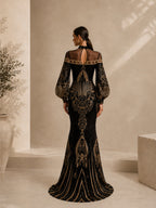 Women’s Black Luxe Embroidered Mesh High Neck Long Sleeve Mermaid Maxi Dress
