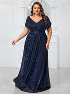 Women’s Navy Blue Glamorous Sequin Mesh V Neck Short Sleeve A-Line Maxi Dress with Pleated Wrap Bodice Detail