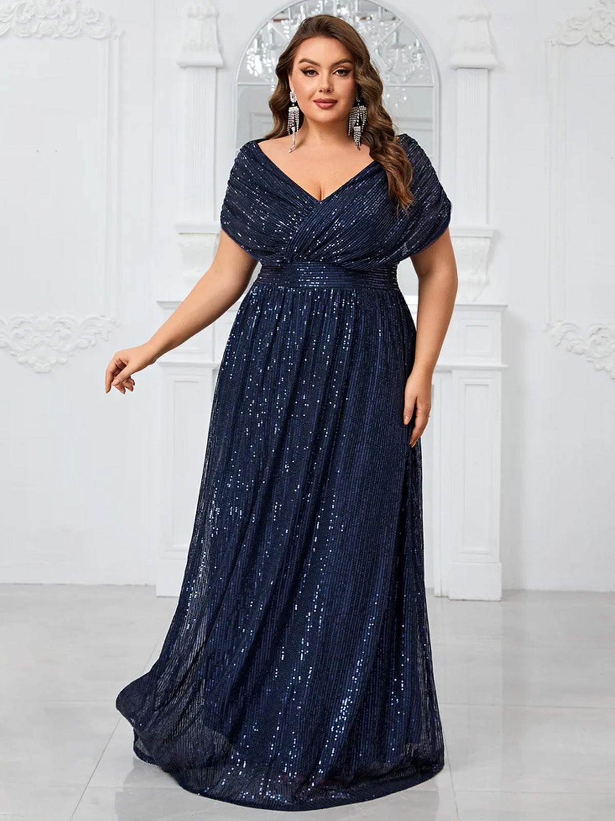 Women’s Navy Blue Glamorous Sequin Mesh V Neck Short Sleeve A-Line Maxi Dress with Pleated Wrap Bodice Detail