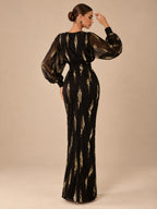 Women's Luxe Black and Gold Metallic Print V-Neck Long Sleeve High Slit Maxi Evening Dress