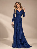Women’s Silver Elegant Sequin V-Neck Long Sleeve A-Line Maxi Dress with Ruched Waist