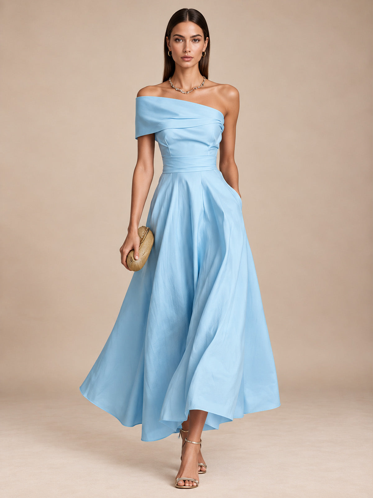 Women’s Yellow Elegant Satin One Shoulder Short Sleeve A-Line Midi Dress with Pockets