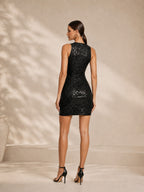 Women’s Black Luxe Sequin Round Neck Sleeveless Bodycon Mini Dress