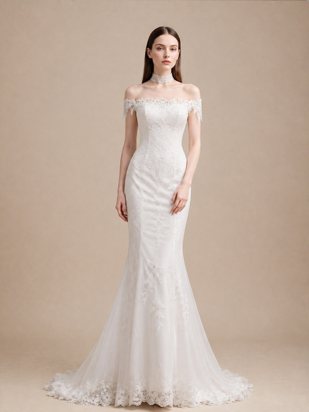 Women’s White Romantic Lace Off Shoulder Short Sleeve Mermaid Maxi Wedding Dress with Floral Appliqué