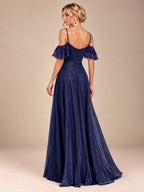 Women’s Navy Blue Elegant Cowl Neck Cold Shoulder Short Ruffle Sleeve A-Line Maxi Dress with Ruched Detail