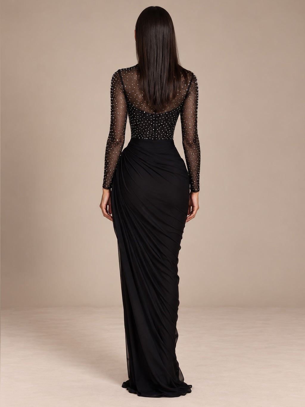Women’s Elegant Mesh High Neck Long Sleeve Sheath Maxi Dress with Rhinestone Embellishment and Asymmetric Ruched Detail