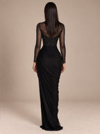Women’s Elegant Mesh High Neck Long Sleeve Sheath Maxi Dress with Rhinestone Embellishment and Asymmetric Ruched Detail