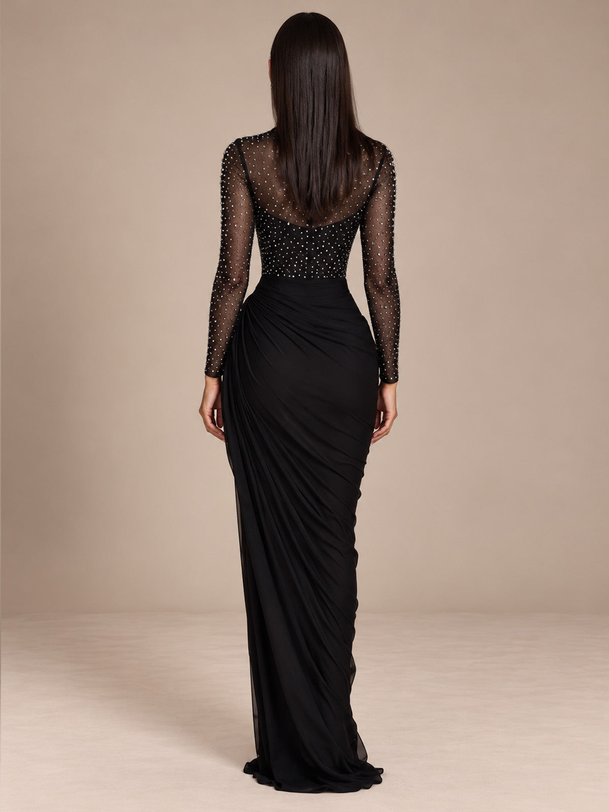 Women’s Elegant Mesh High Neck Long Sleeve Sheath Maxi Dress with Rhinestone Embellishment and Asymmetric Ruched Detail