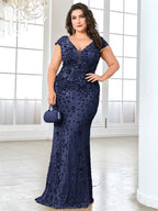 Women’s Olive Green Elegant Sequin Mesh V-Neck Cap Sleeve Mermaid Maxi Dress