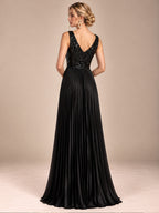 Women’s Black Elegant Sequin V-Neck Sleeveless Pleated A-Line Maxi Dress with Ruched Waist Detail