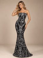 Women’s Pink Elegant Sequin Strapless Sweetheart Neck Mermaid Maxi Dress with Ornate Pattern
