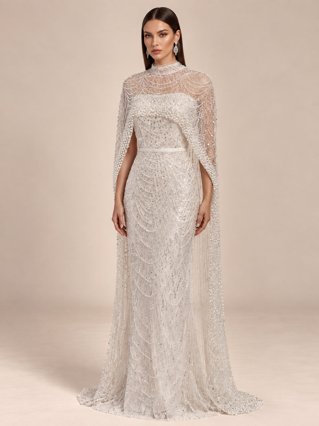 Women’s Champagne Beaded Mermaid Wedding Dress High Neck Long Sleeve Bridal Gown with Crystal Embellished Cape Detail