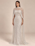 Women’s Champagne Beaded Mermaid Wedding Dress High Neck Long Sleeve Bridal Gown with Crystal Embellished Cape Detail