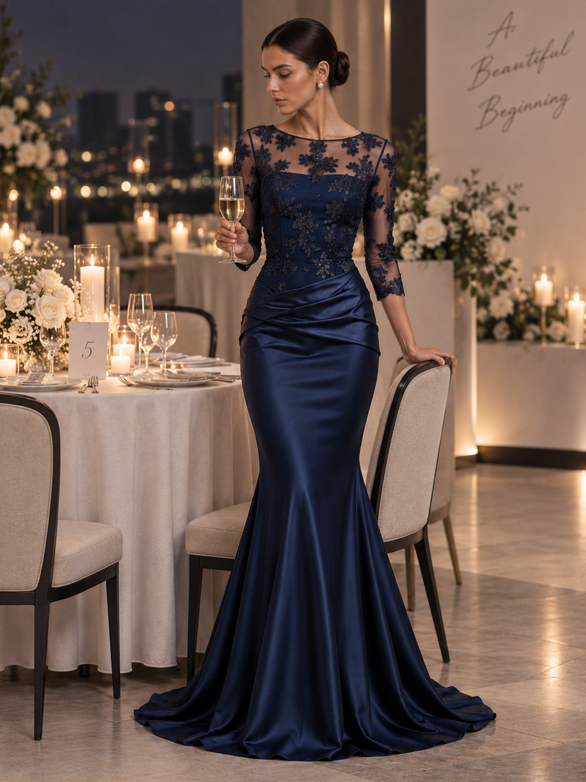 Women’s Navy Blue Elegant Satin Round Neck Sheer Three-Quarter Sleeve Mermaid Maxi Dress with Floral Lace Embroidery and Ruched Detail