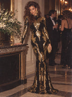 Women’s Black Gold Vintage Sequin Polyester Blend Stand Collar Long Sleeve Fitted Mermaid Maxi Prom Dress
