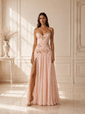 Women’s Pink Elegant Lace Embroidered Spaghetti Strap High Slit Maxi Dress