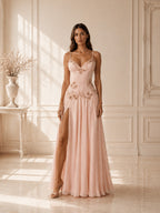 Women’s Pink Elegant Lace Embroidered Spaghetti Strap High Slit Maxi Dress