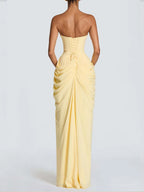 Women’s Pale Yellow Glamorous Strapless Sleeveless Slim Fit Maxi Dress with Ruched High Slit Detail