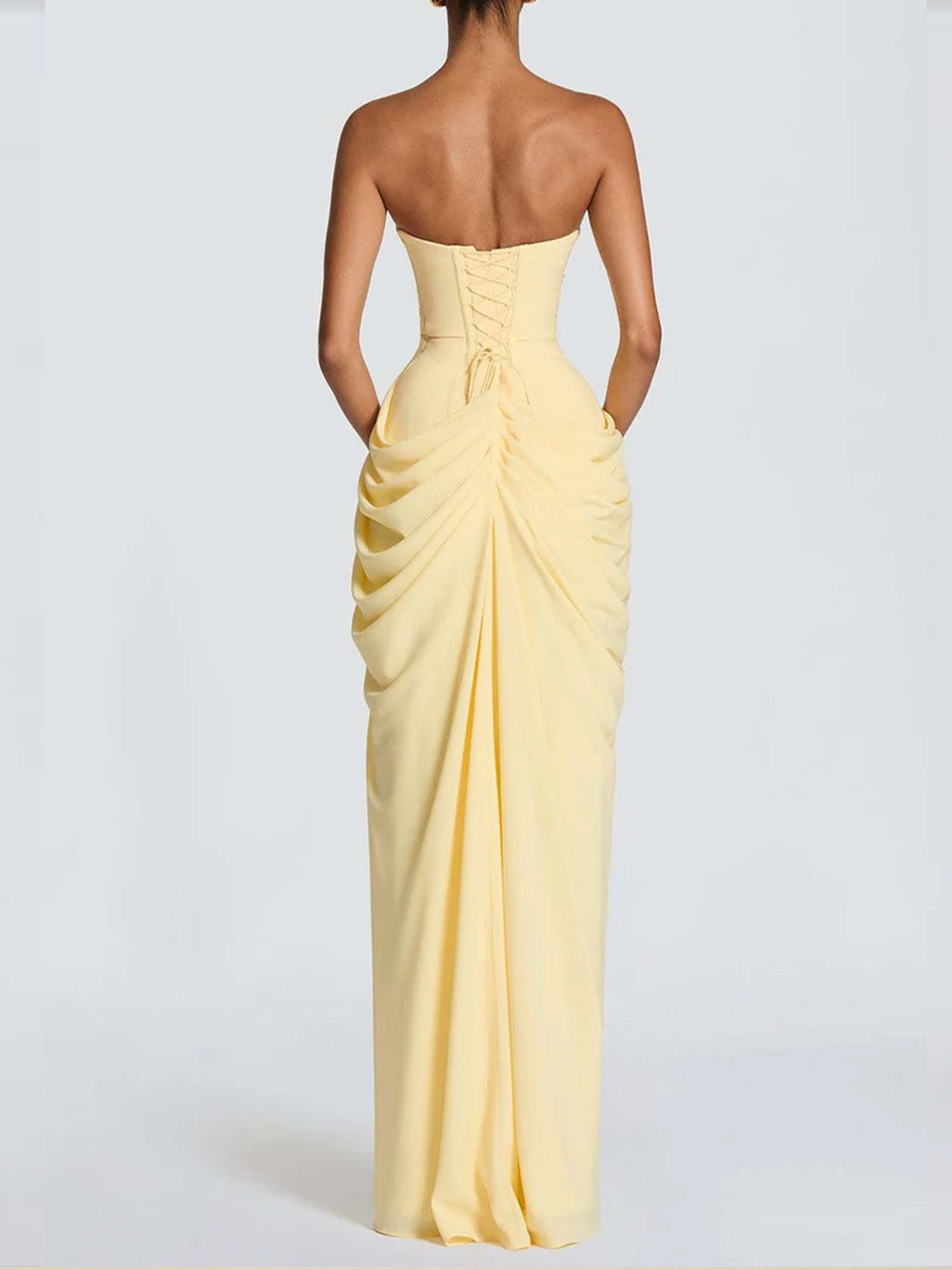 Women’s Pale Yellow Glamorous Strapless Sleeveless Slim Fit Maxi Dress with Ruched High Slit Detail