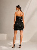 Women’s Black Statement Sequin Spaghetti Strap Sleeveless Slim Fit Mini Party Dress