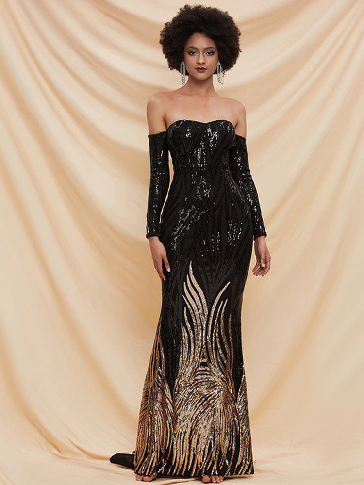 Women’s Black and Gold Elegant Sequin Off Shoulder Long Sleeve Mermaid Maxi Dress with Embroidered Pattern