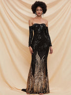 Women’s Black and Gold Elegant Sequin Off Shoulder Long Sleeve Mermaid Maxi Dress with Embroidered Pattern