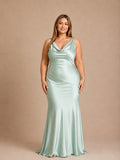 Women’s Mint Green Elegant Satin Cowl Neck Sleeveless Mermaid Maxi Dress
