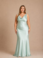 Women’s Mint Green Elegant Satin Cowl Neck Sleeveless Mermaid Maxi Dress