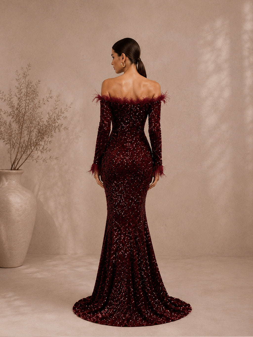 Damen bordeauxrotes, luxuriöses Pailletten-Off-Shoulder-Maxikleid mit langen Ärmeln im Meerjungfrauen-Stil