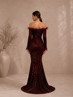 Damen bordeauxrotes, luxuriöses Pailletten-Off-Shoulder-Maxikleid mit langen Ärmeln im Meerjungfrauen-Stil