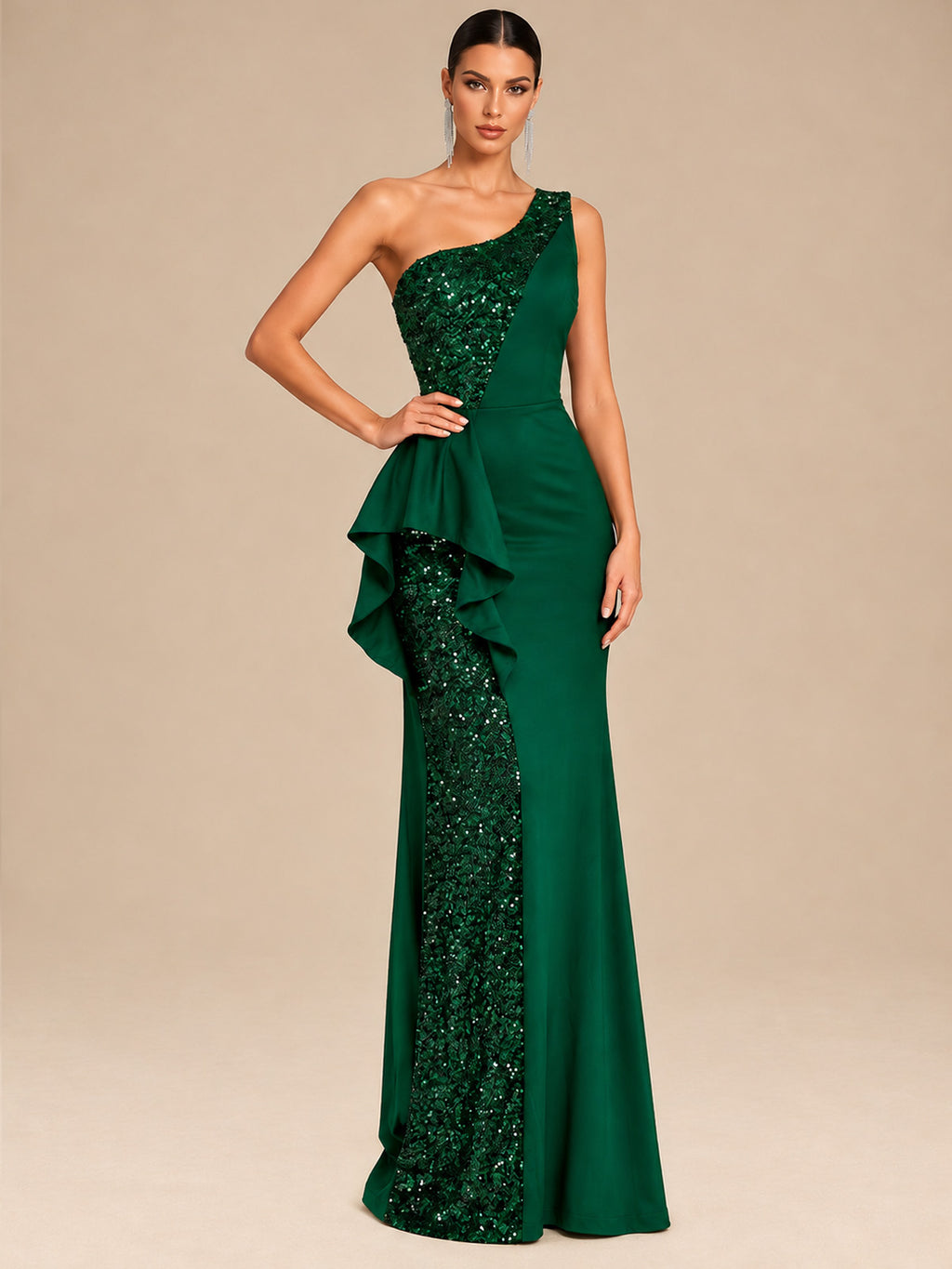 Women’s Emerald Green Elegant Sequin One Shoulder Sleeveless Mermaid Maxi Dress with Asymmetric Ruffle and Colorblock Detail