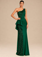 Women’s Emerald Green Elegant Sequin One Shoulder Sleeveless Mermaid Maxi Dress with Asymmetric Ruffle and Colorblock Detail