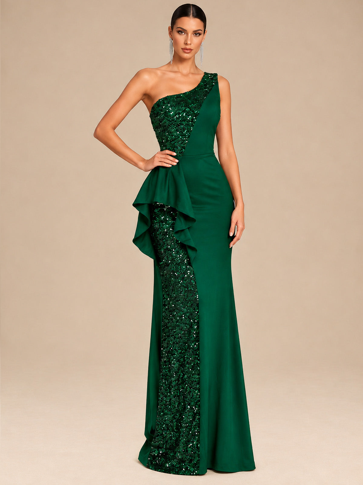 Women’s Emerald Green Elegant Sequin One Shoulder Sleeveless Mermaid Maxi Dress with Asymmetric Ruffle and Colorblock Detail