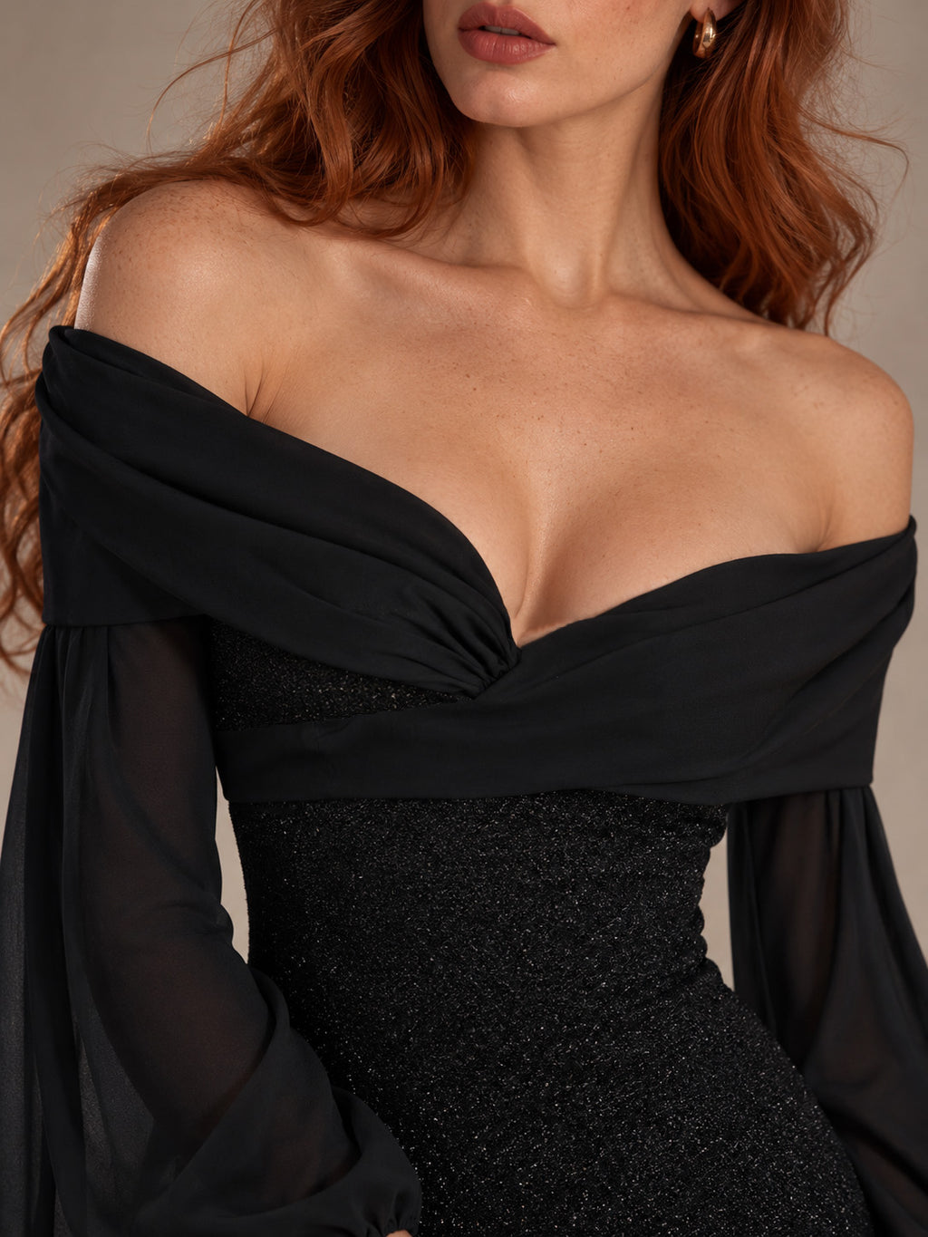 Women’s Black Elegant Sequin Off Shoulder Long Sleeve Mermaid Maxi Dress with Ruched Bodice Detail