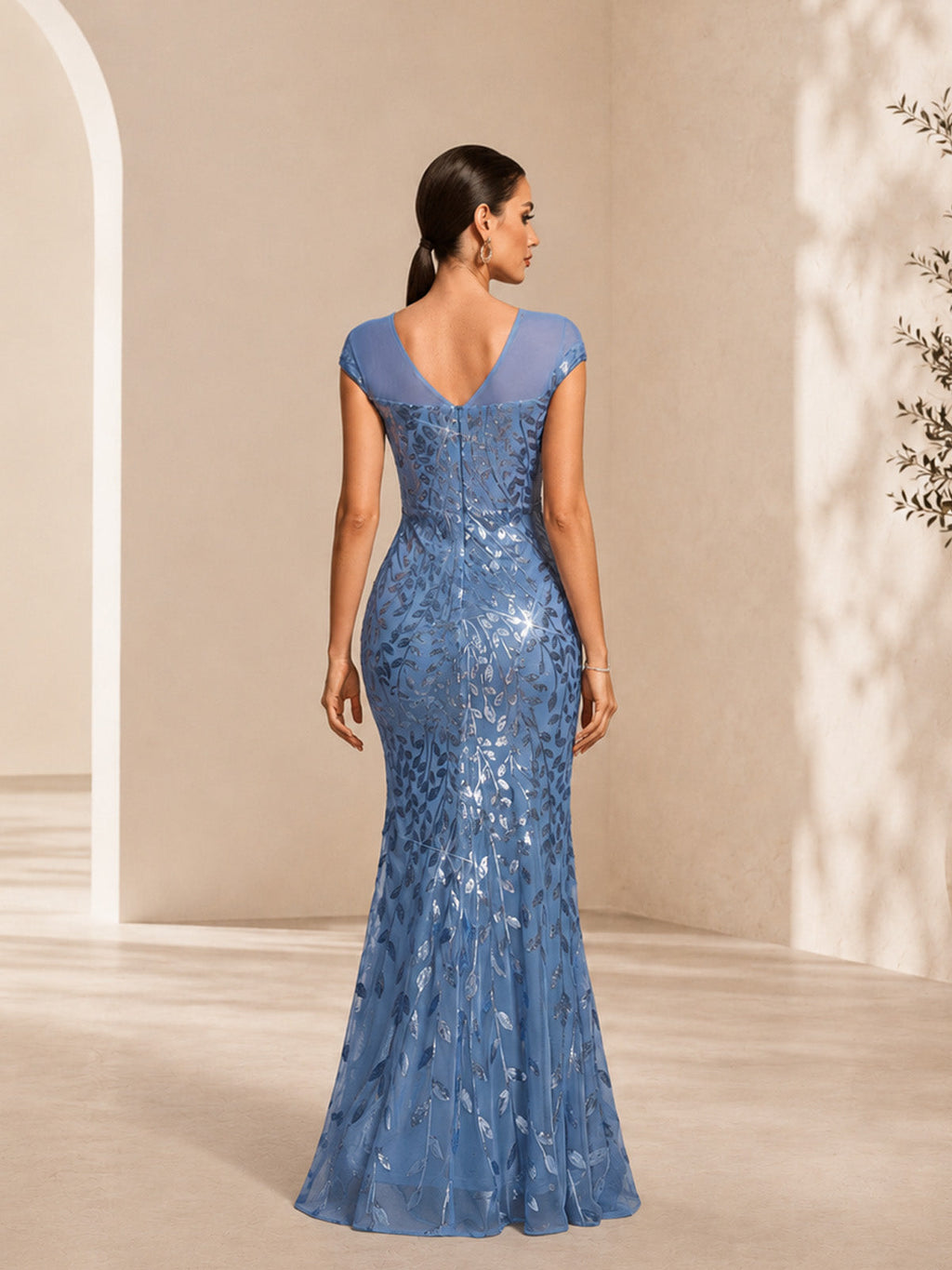 Women’s Blue Floral Lace Mesh Round Neck Short Sleeve Slim Mermaid Maxi Dress