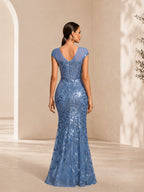 Women’s Blue Floral Lace Mesh Round Neck Short Sleeve Slim Mermaid Maxi Dress