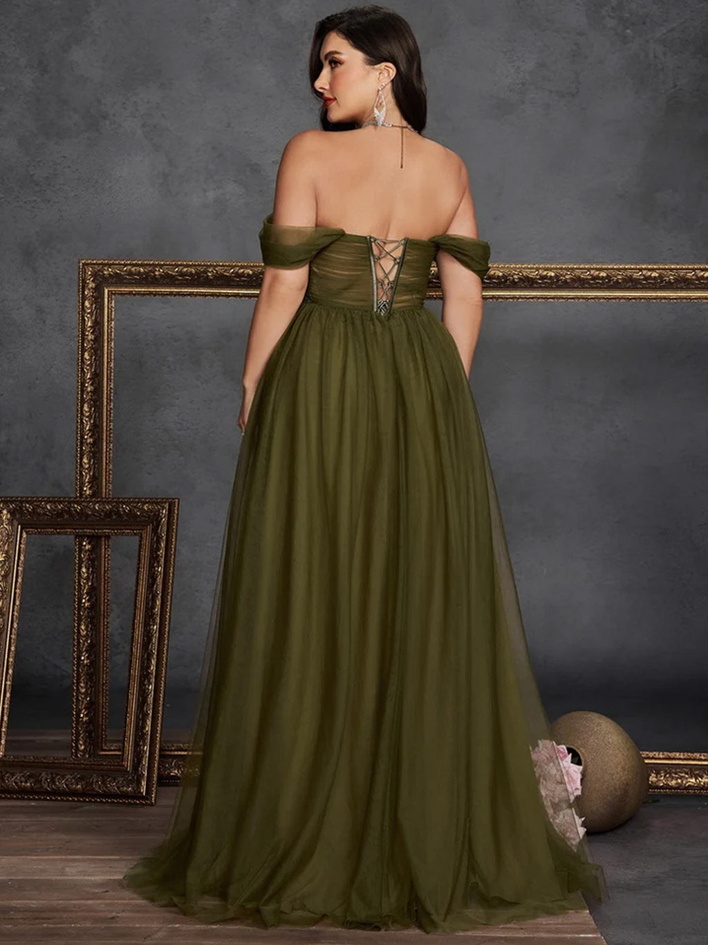 Women’s Olive Green Elegant Tulle Off Shoulder Short Sleeve A-Line Maxi Dress with Floral Appliqué