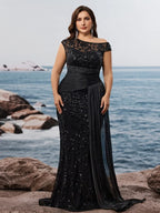 Women’s Black Elegant Sequin Lace Asymmetric Neck Cap Sleeve Mermaid Maxi Dress with Draped Side Panel