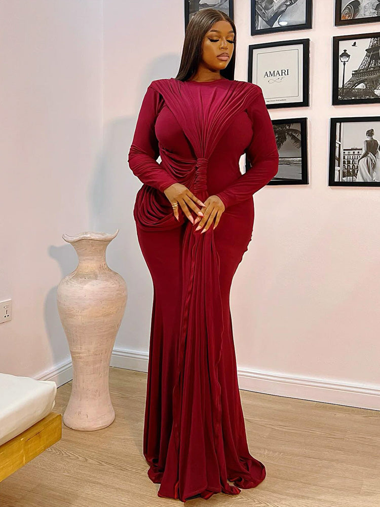 Women’s Burgundy Elegant Ruched Round Neck Long Sleeve Mermaid Maxi Dress with Draped Waist