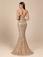 Women’s Champagne Elegant Sequin Mesh Off Shoulder Sleeveless Mermaid Maxi Dress with Crystal Bead Embroidery