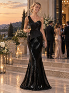 Women’s Black Glamorous Sequin Asymmetric Neck Sleeveless Mermaid Maxi Dress with Ruched Peplum Detail