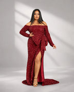 Plus Size Off The Shoulder Bow Knot Split Maxi Evening Dress