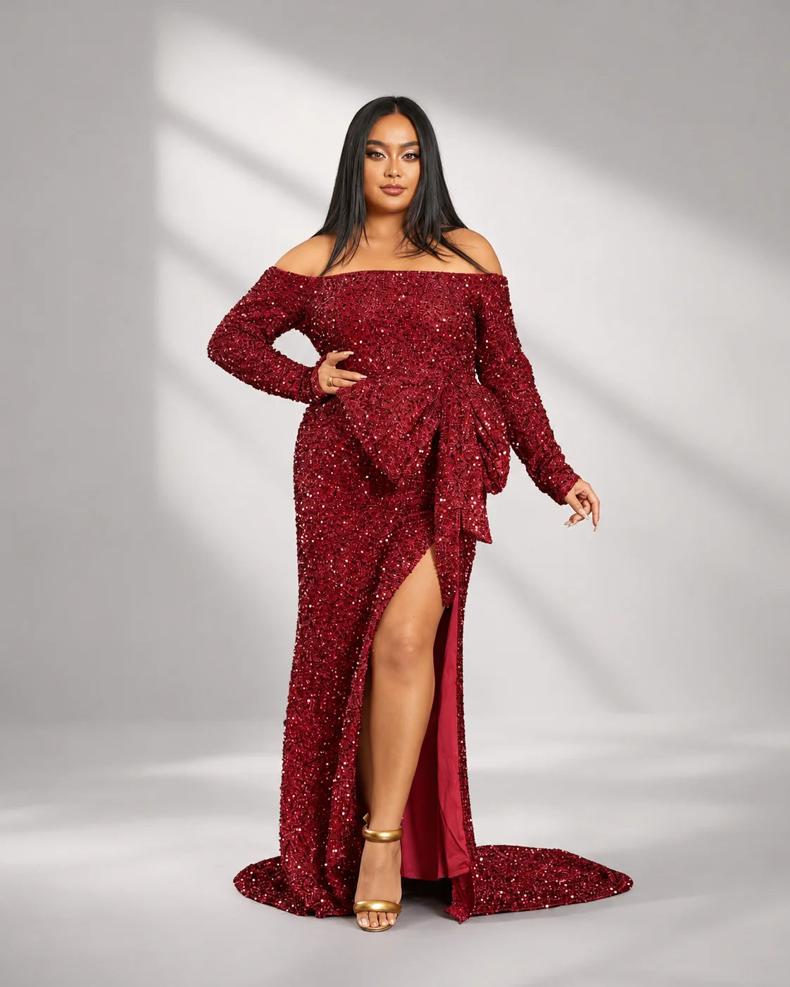 Plus Size Off The Shoulder Bow Knot Split Maxi Evening Dress