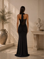 Women’s Burgundy Elegant Ruched Halter Neck Backless Maxi Dress