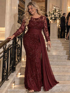 Women’s Black Elegant Sequin Round Neck Sheer Long Sleeve Mermaid Maxi Dress with Draped Chiffon Detail