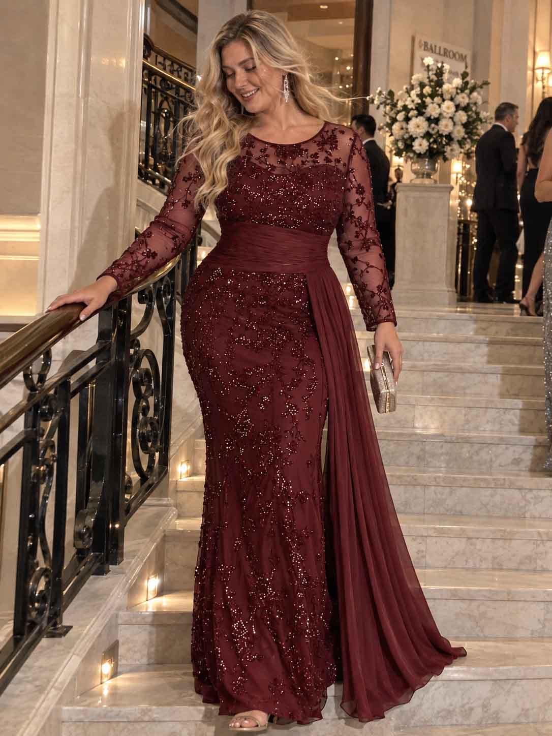 Women’s Black Elegant Sequin Round Neck Sheer Long Sleeve Mermaid Maxi Dress with Draped Chiffon Detail