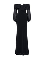 Women’s Black Elegant Sequin Off Shoulder Long Sleeve Mermaid Maxi Dress with Ruched Bodice Detail