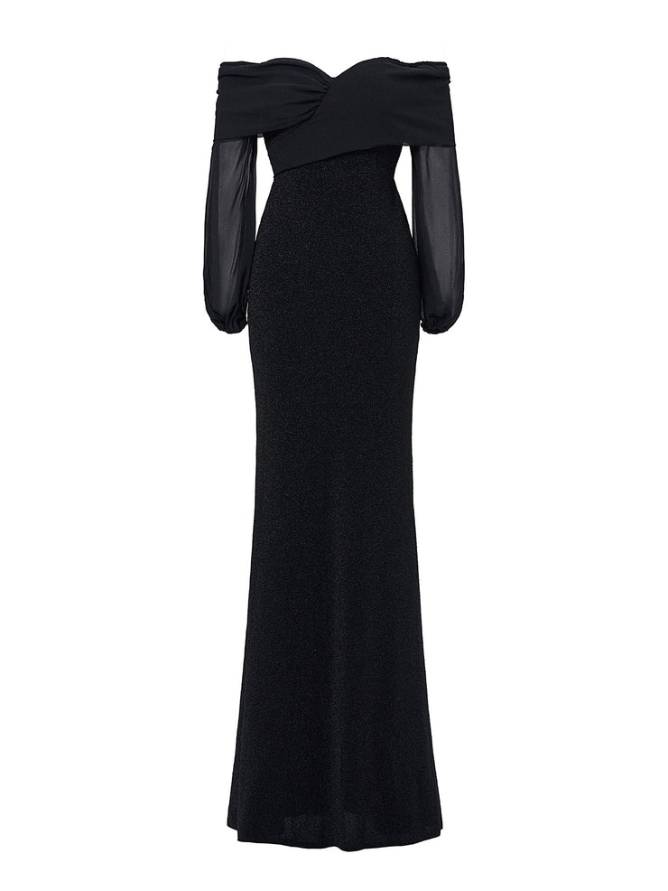 Women’s Black Elegant Sequin Off Shoulder Long Sleeve Mermaid Maxi Dress with Ruched Bodice Detail