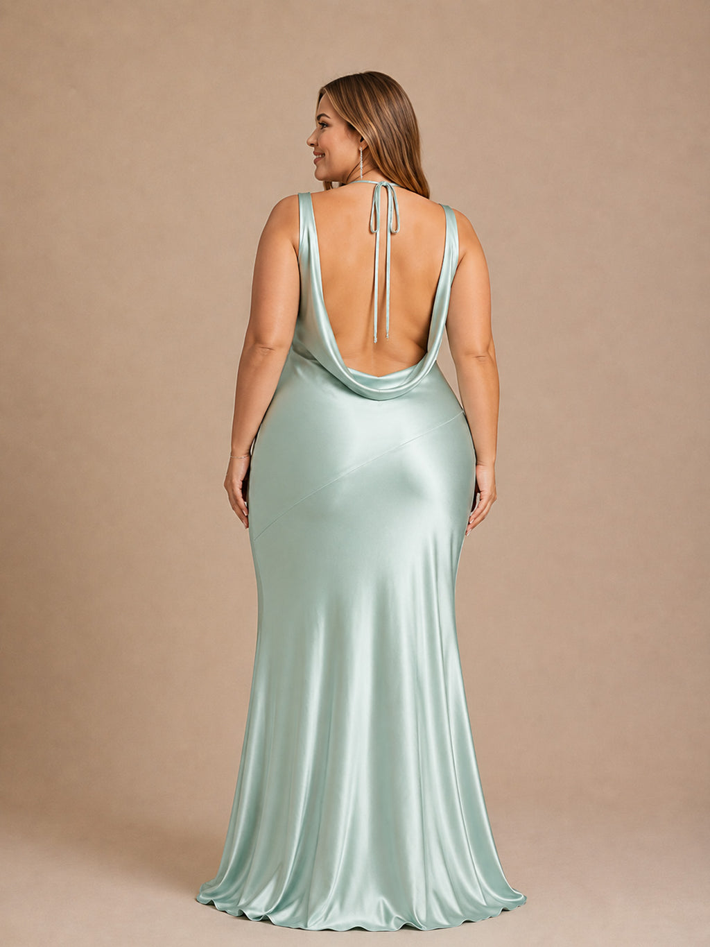 Women’s Mint Green Elegant Satin Cowl Neck Sleeveless Mermaid Maxi Dress