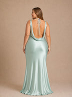 Women’s Mint Green Elegant Satin Cowl Neck Sleeveless Mermaid Maxi Dress